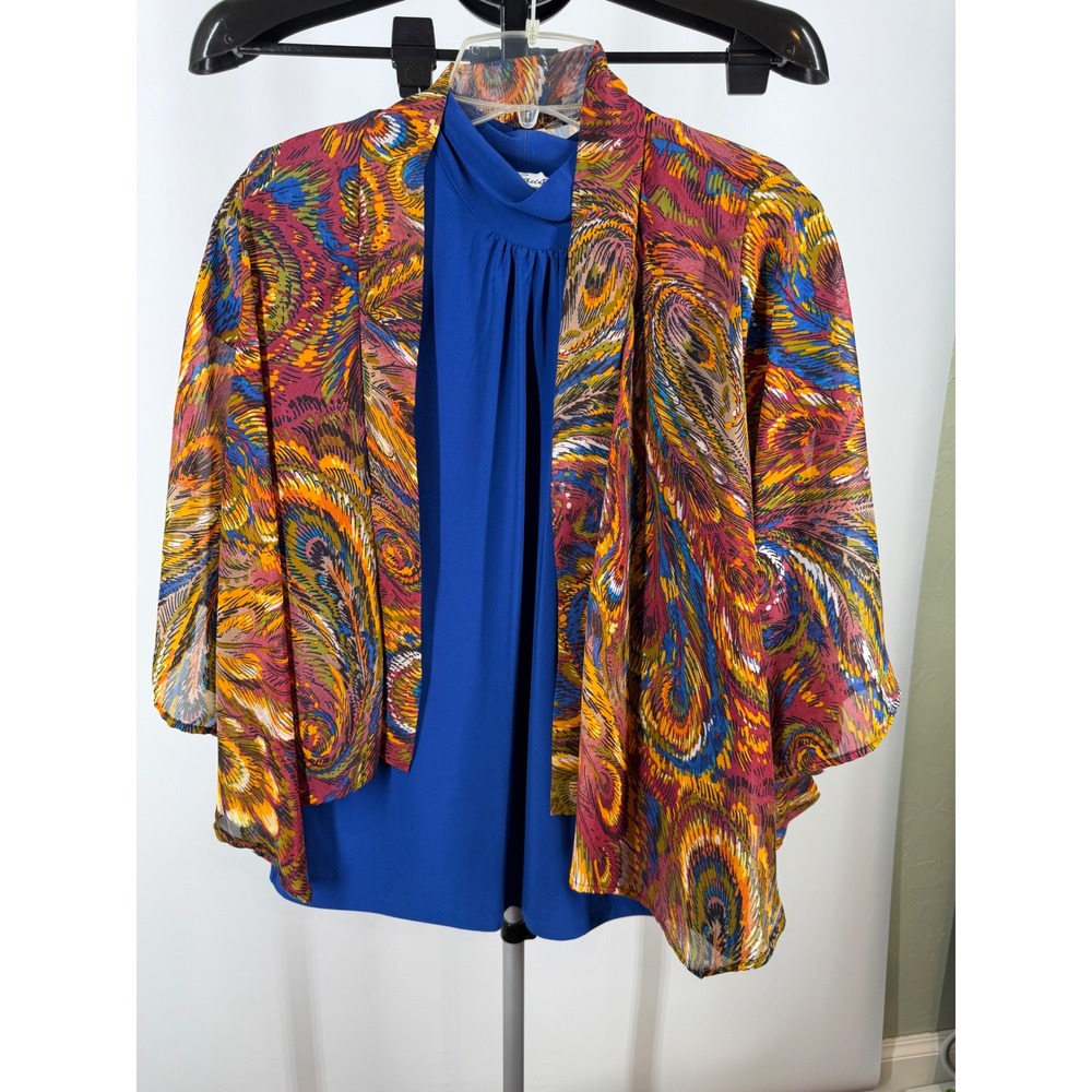 Chaus Chenault 2 Piece Set Women Blue Mock Neck Top Sheer Paisley Cardigan Large